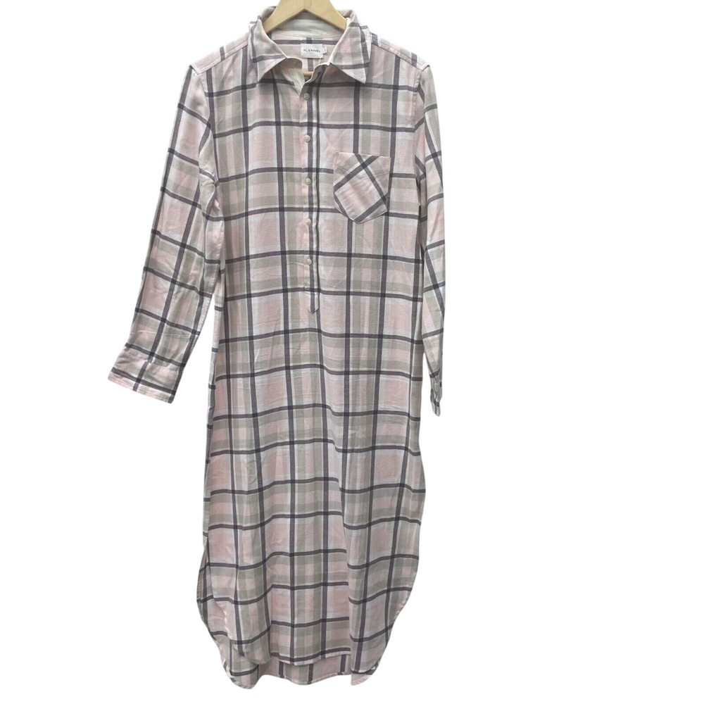 Flannel Pink Grey Plaid Button Front Midi Shirt Dress Long Sleeve Size L